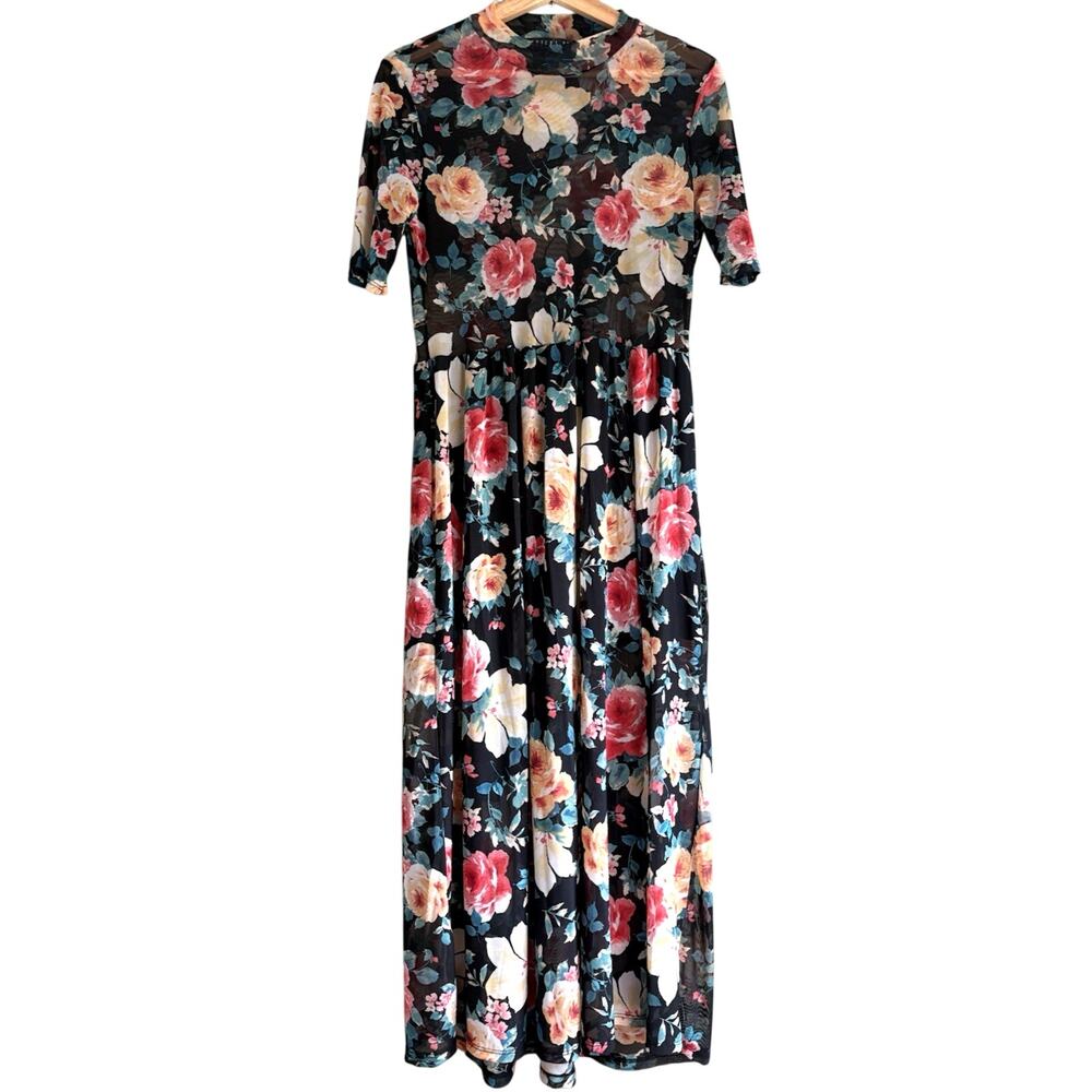 Sheer Mesh Black Dark Floral Maxi Dress Lined Cottagecore Romantic Retro L